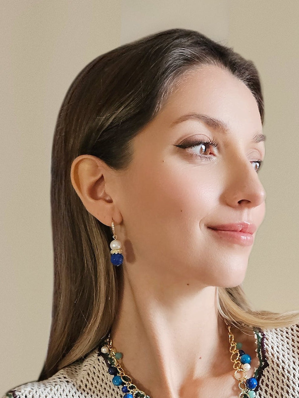 Royal Blue Lapis & Pearl Floral Dangle Earrings RE025