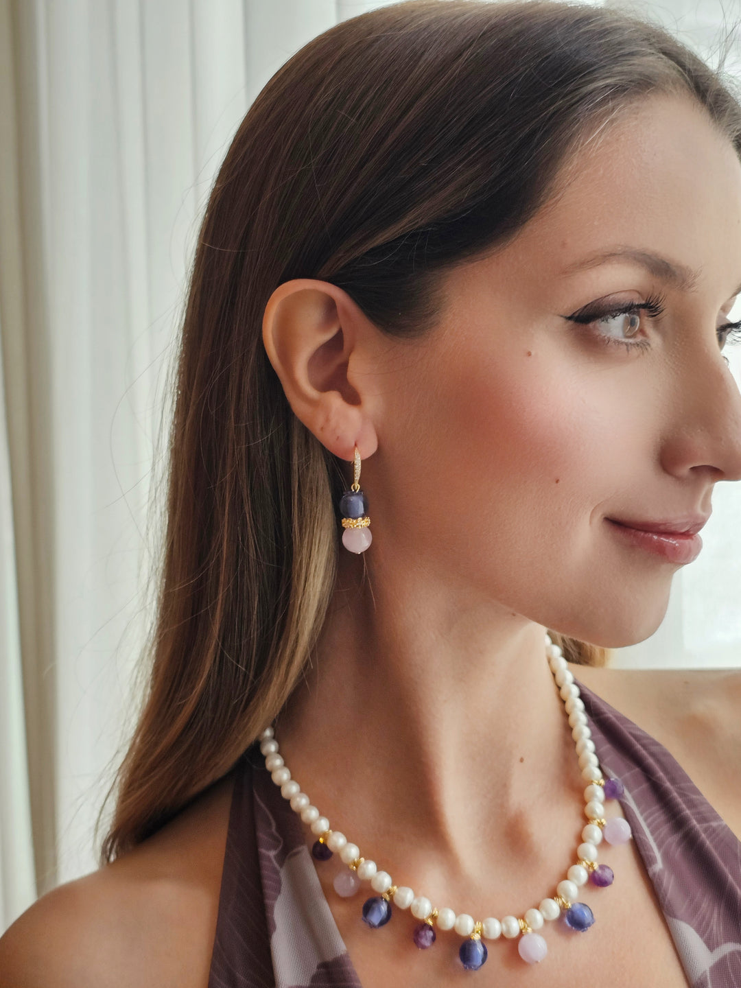 Freshwater Pearl With Blue Berry And Purple Amethyst Drop Necklace RN023