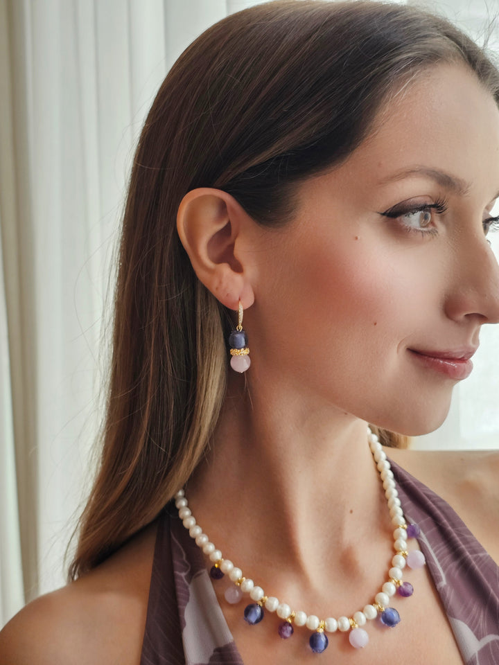 Freshwater Pearl With Blue Berry And Purple Amethyst Drop Necklace RN023