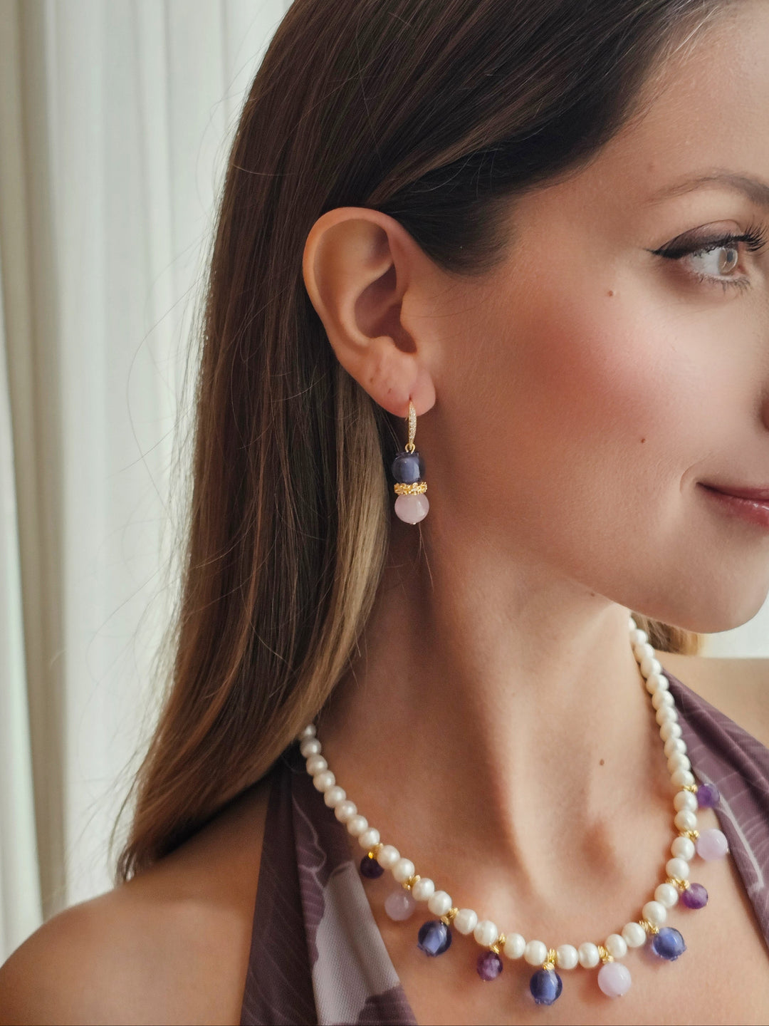 Amethyst With Blue Berry Dangle Earrings RE018