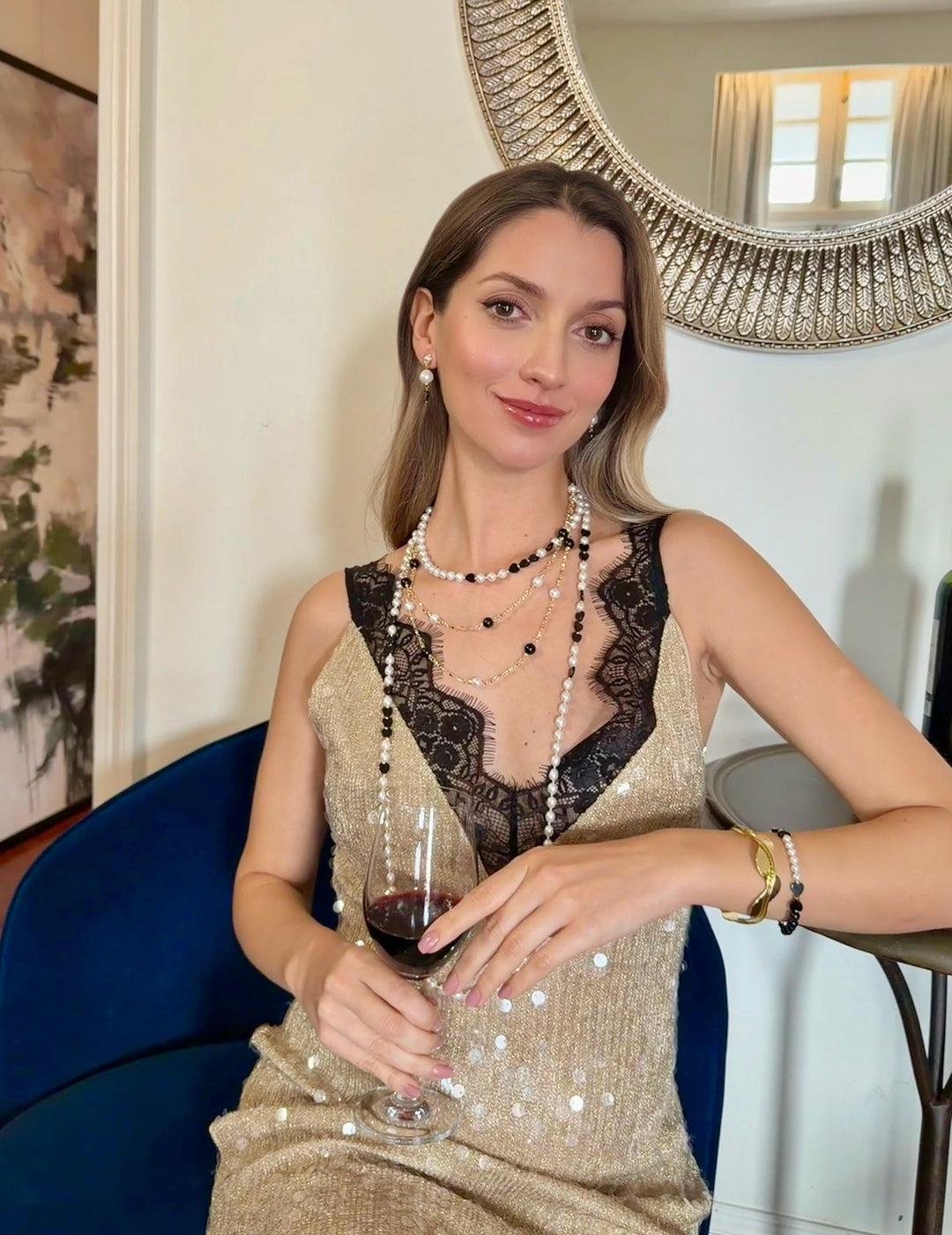 Black Obsidian And White Pearls Long Necklace RN039