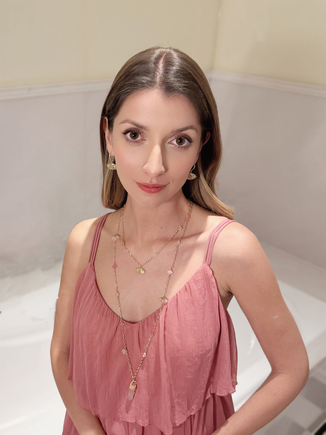 Evil Eye Adorned Rose Quartz Stone Earrings RE015