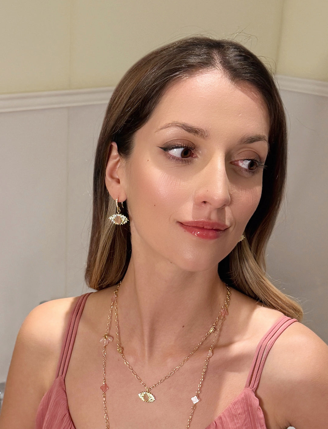 Evil Eye Adorned Rose Quartz Stone Earrings RE015