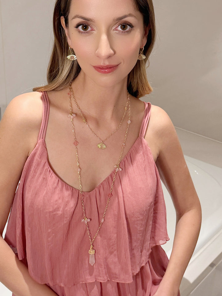 Rose Quartz Turkish Devil Eye Pendant Chain Necklace RN017