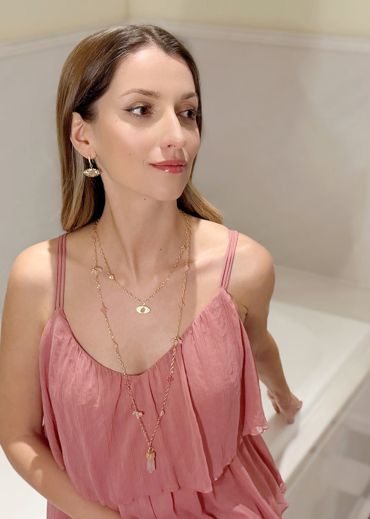 Evil Eye Adorned Rose Quartz Stone Earrings RE015