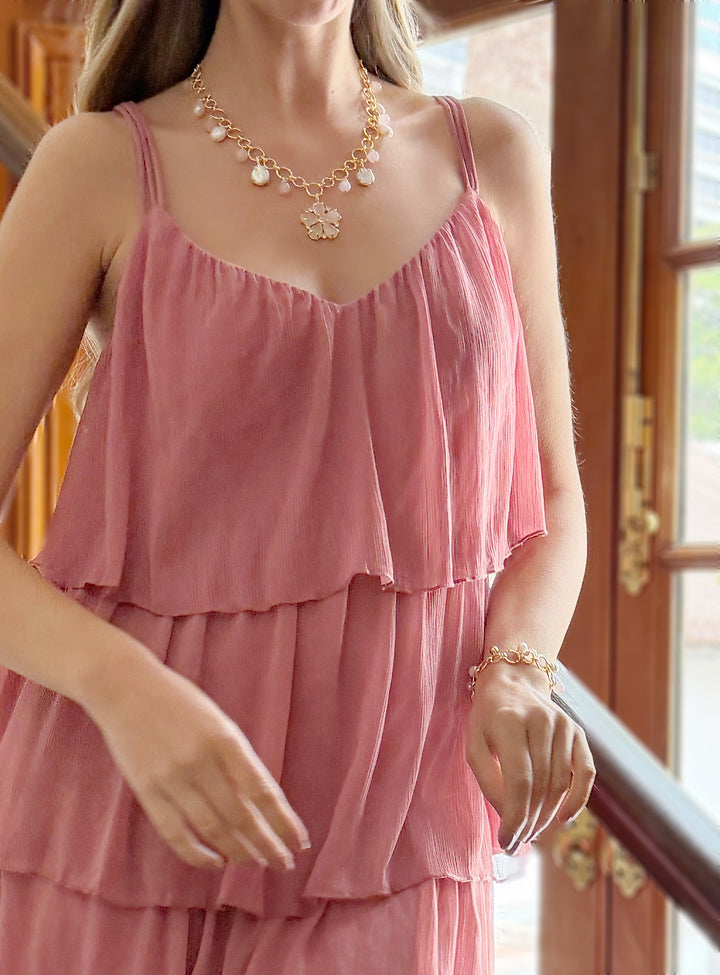 Rose Quartz Flower Pendant With Pearls Chain Necklace RN018