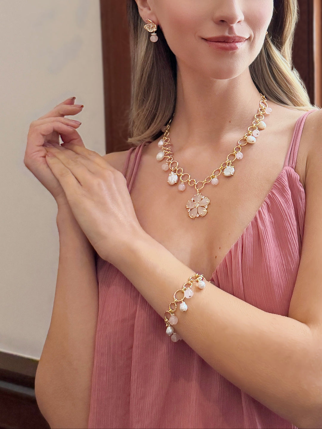 Pink Rose Quartz & Pearl Chain Bracelet RB011