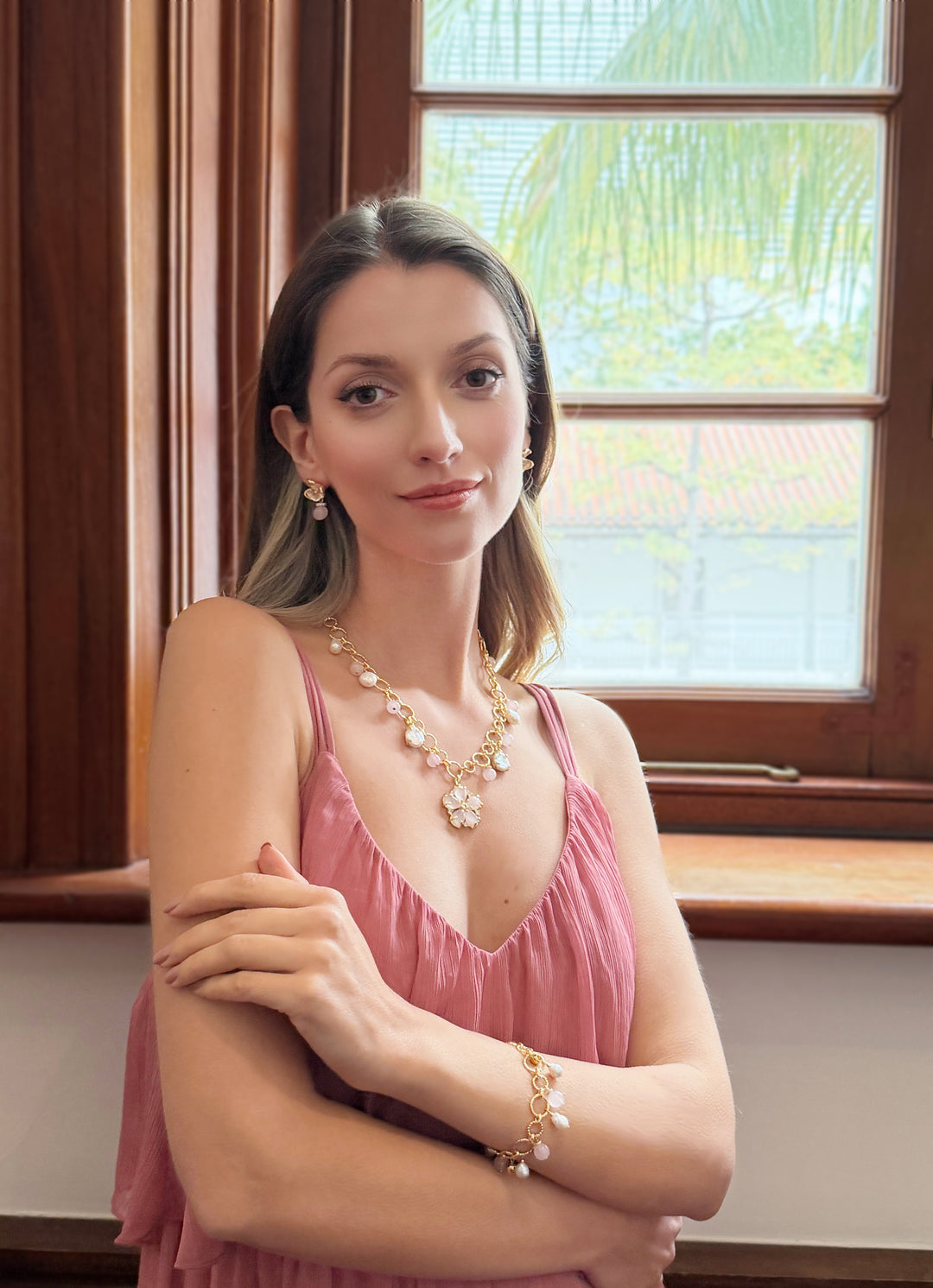 Pink Rose Quartz & Pearl Chain Bracelet RB011