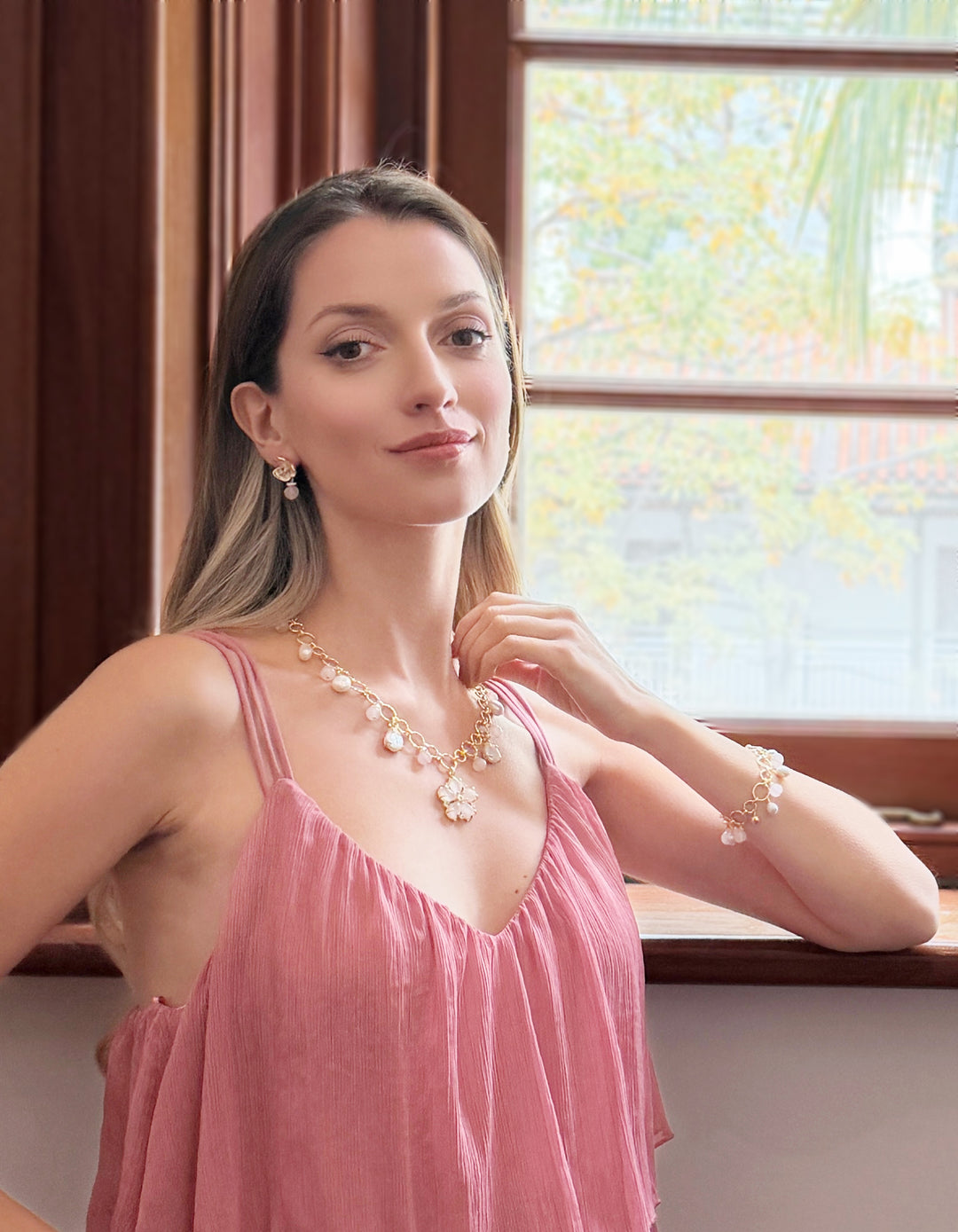Pink Rose Quartz & Pearl Chain Bracelet RB011