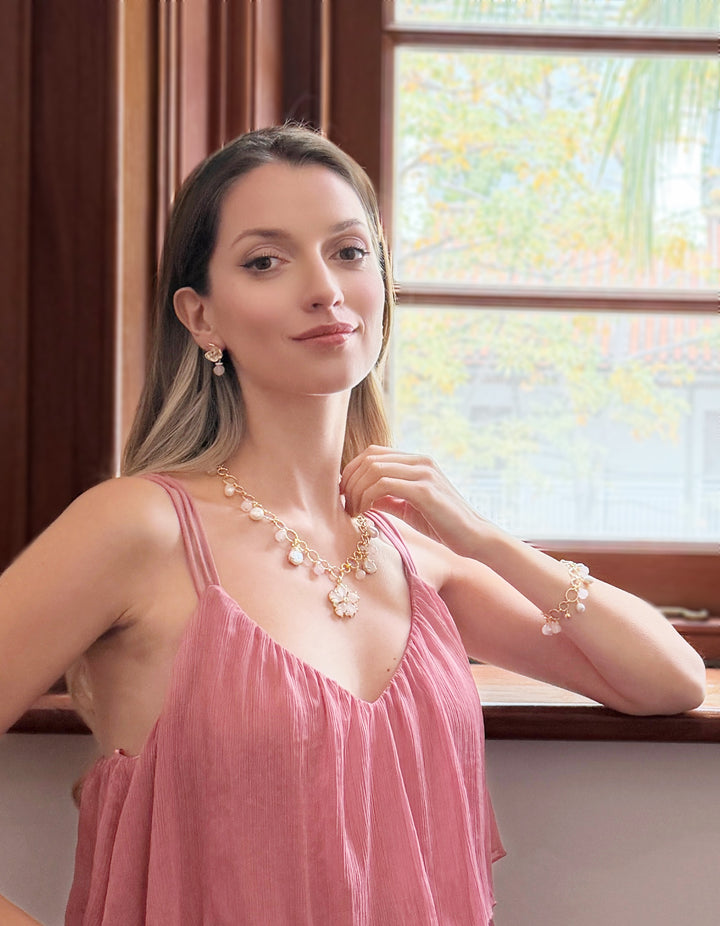 Pink Rose Quartz & Pearl Chain Bracelet RB011