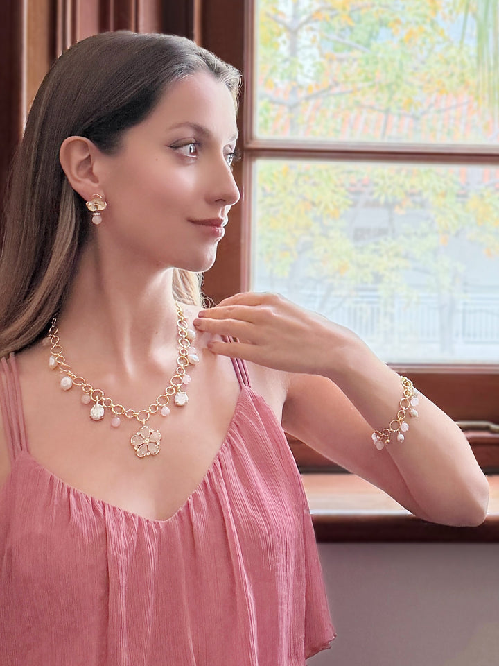 Pink Rose Quartz & Pearl Chain Bracelet RB011