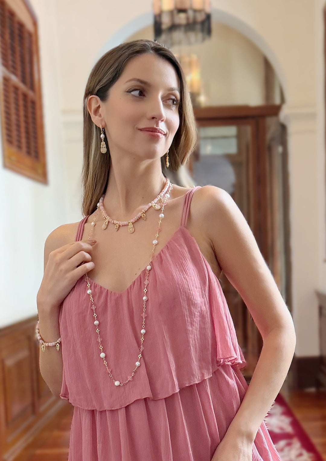 Bohemian Pink Shell With Rose Quartz Pendant Necklace RN014