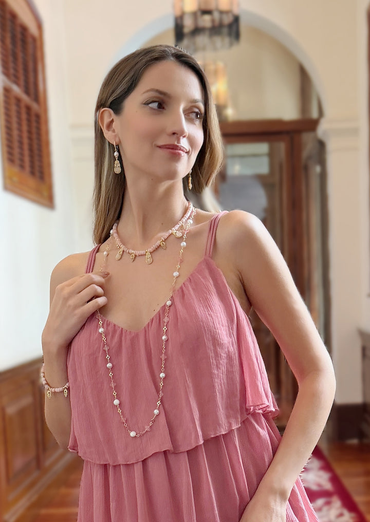 Bohemian Pink Shell With Rose Quartz Pendant Necklace RN014