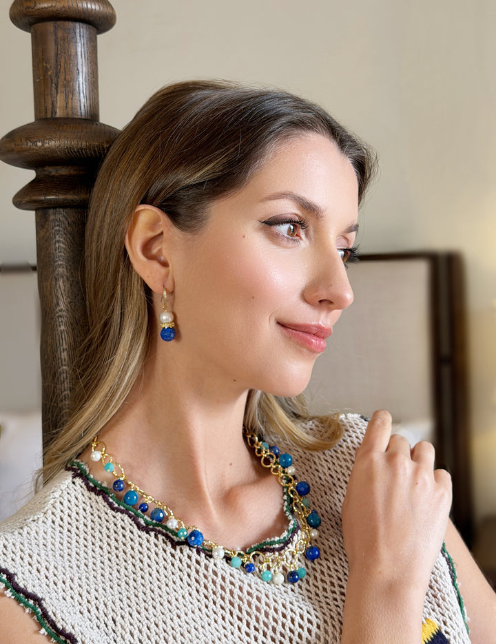 Royal Blue Lapis & Pearl Floral Dangle Earrings RE025