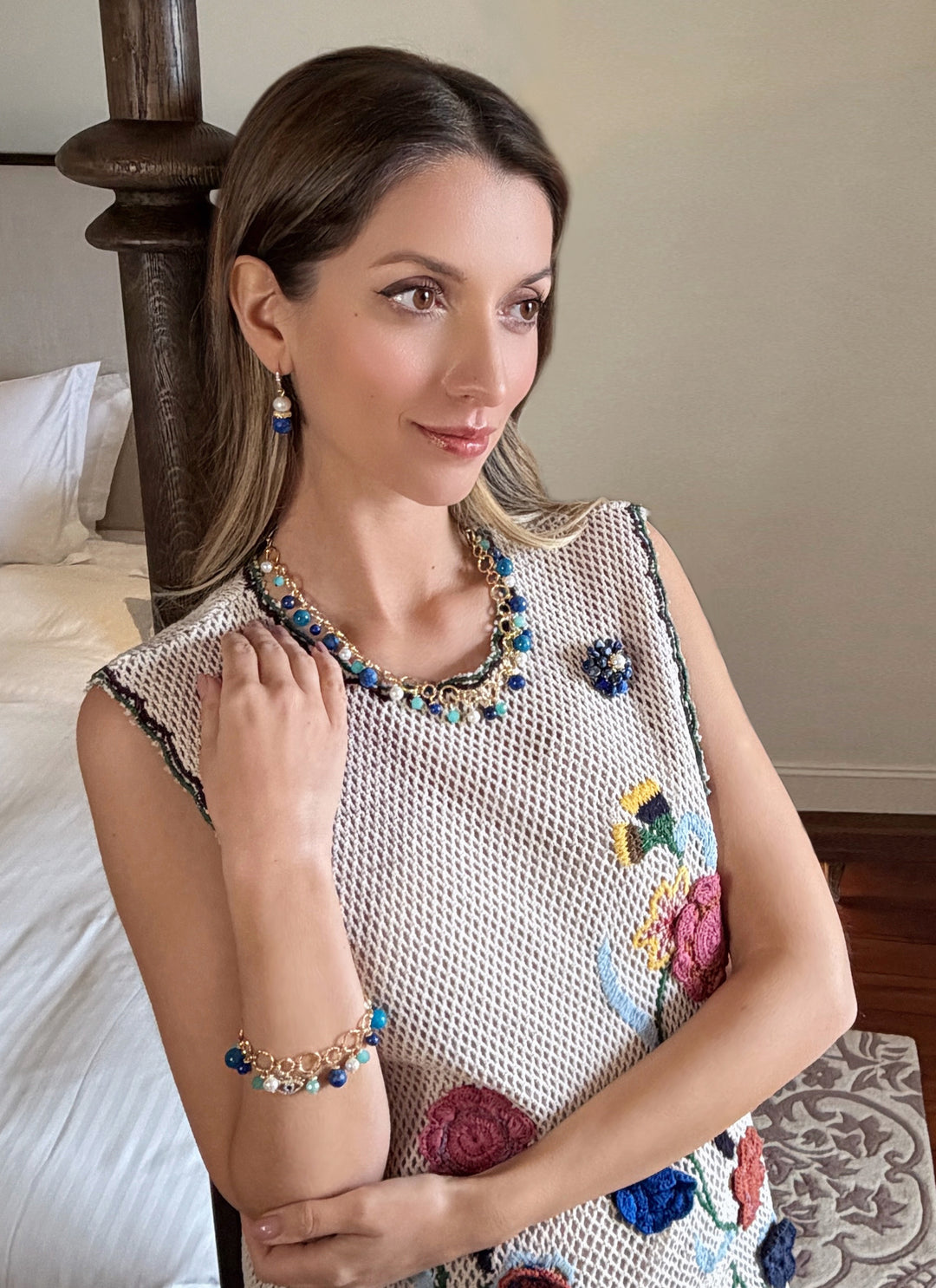 Removable Flower Lapis Brooch Pendant Statement Necklace RN028