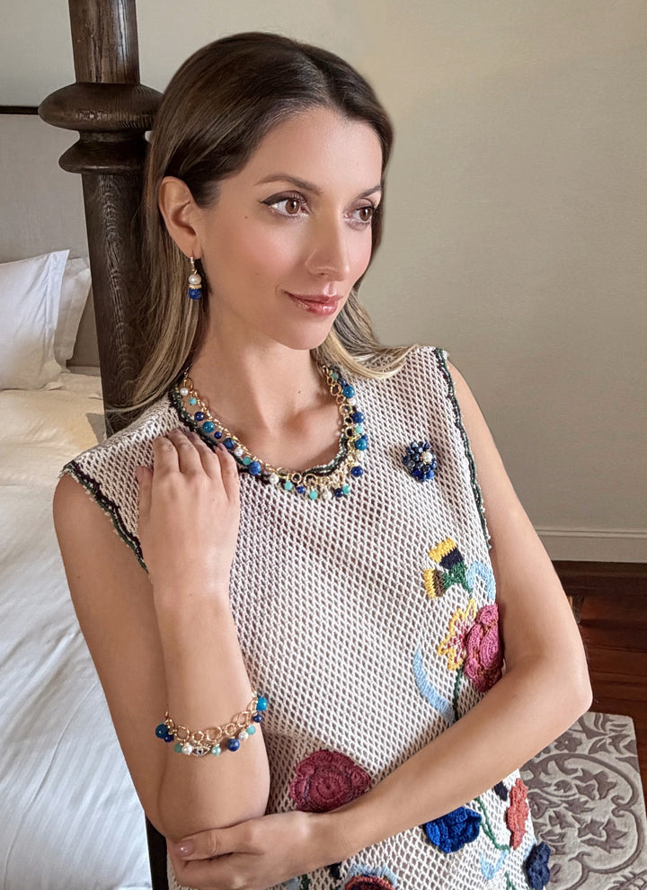 Removable Flower Lapis Brooch Pendant Statement Necklace RN028