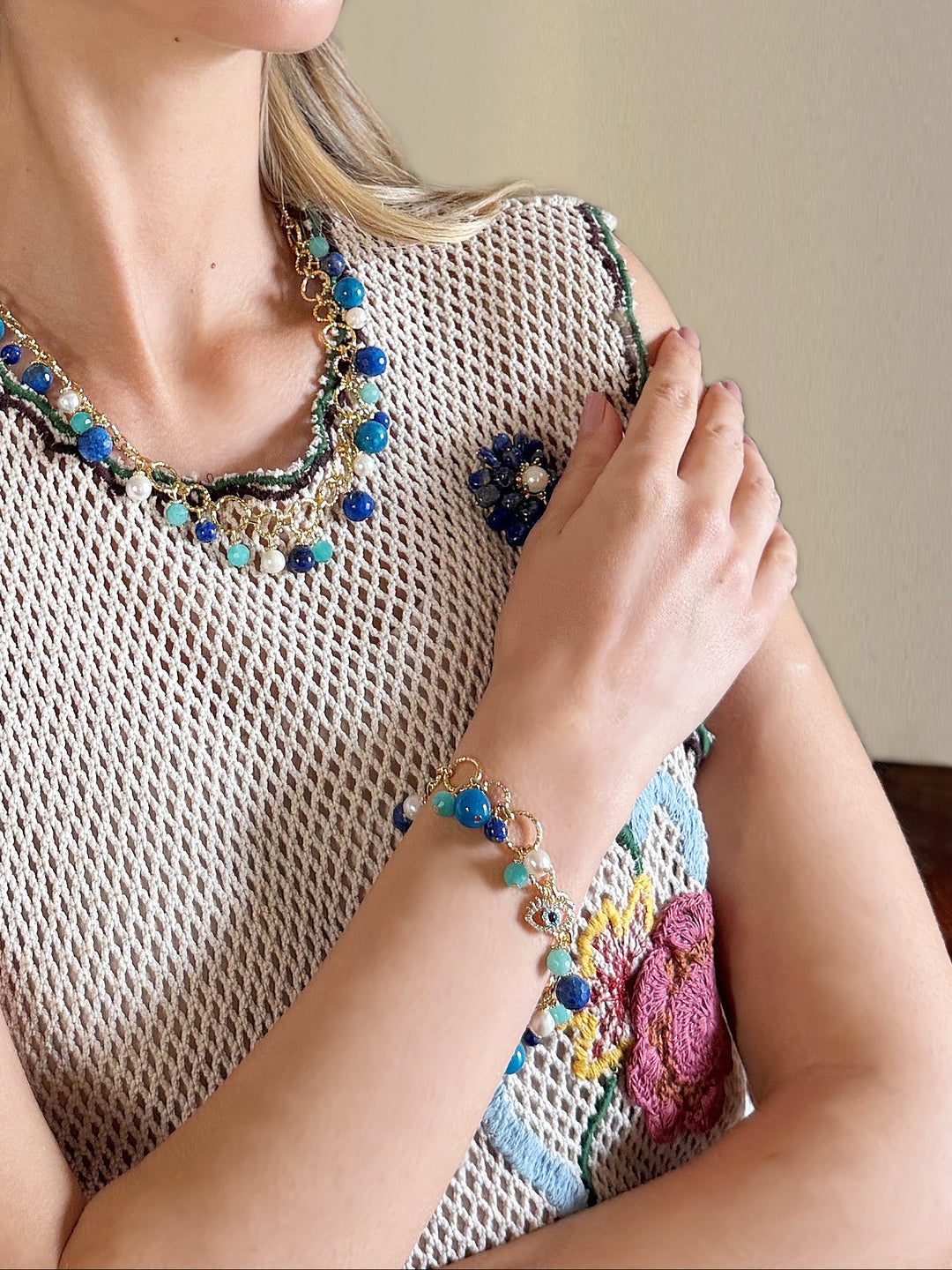 Lapis Lazuli Amazonite And Pearl Turkish Evil Eye Charm Bracelet RB018