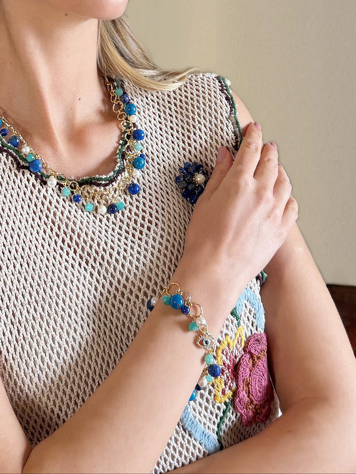 Lapis Lazuli Amazonite And Pearl Turkish Evil Eye Charm Bracelet RB018