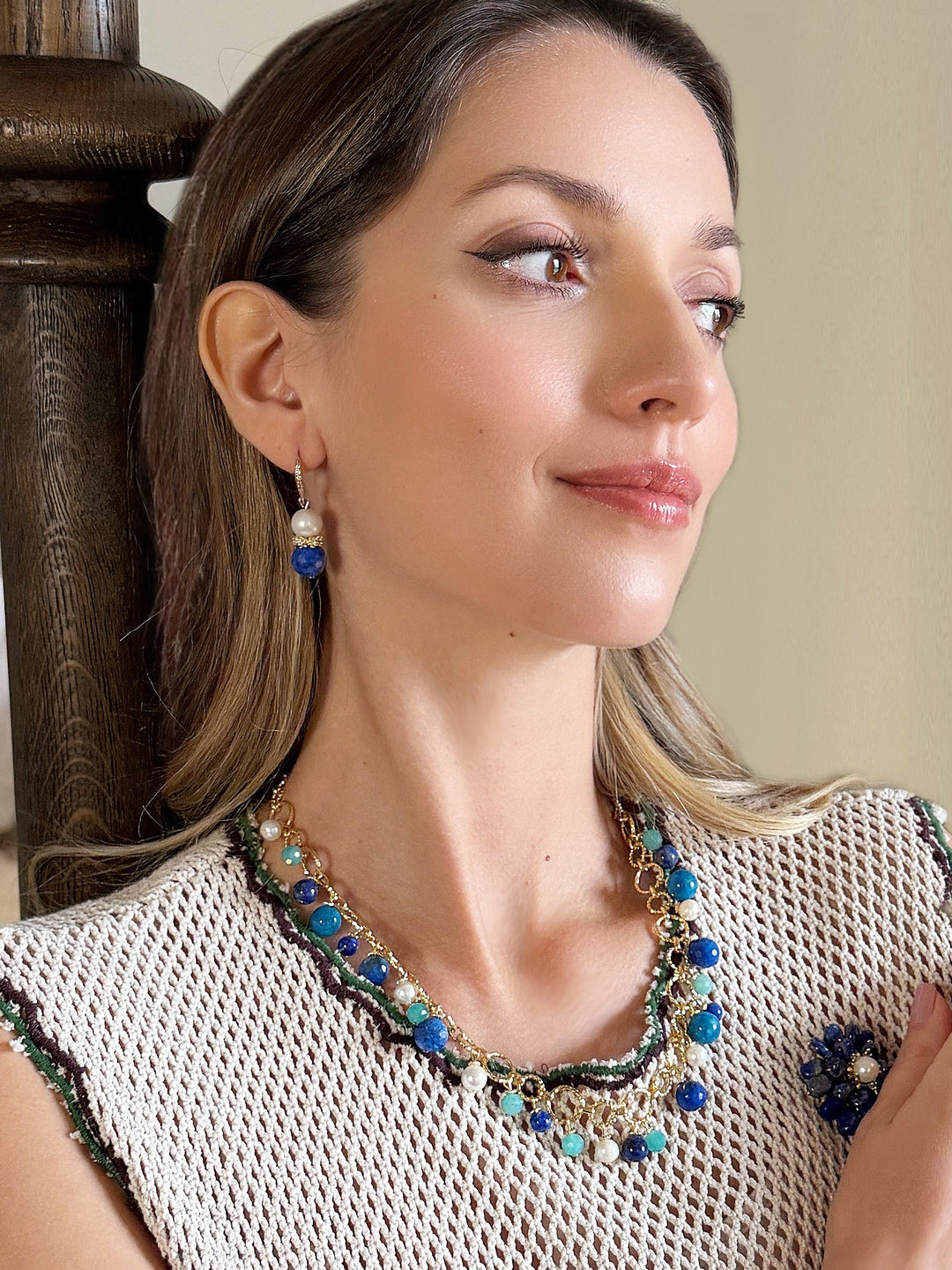 Royal Blue Lapis & Pearl Floral Dangle Earrings RE025