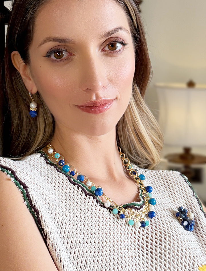 Royal Blue Lapis & Pearl Floral Dangle Earrings RE025