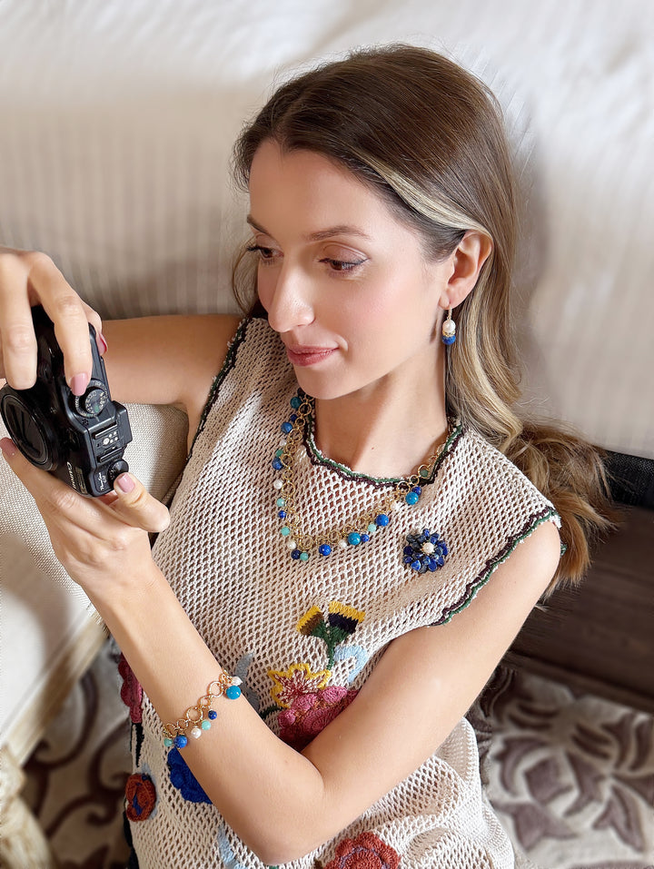 Removable Flower Lapis Brooch Pendant Statement Necklace RN028