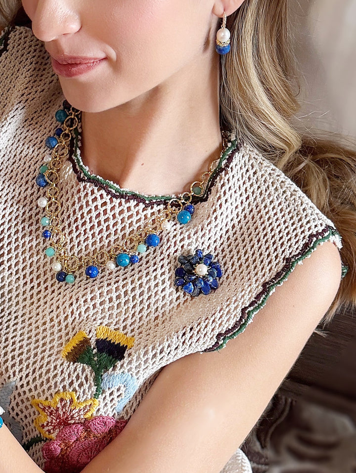 Handcrafted Flower Shaped Lapis Lazuli With Pearl Brooch