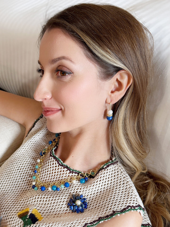 Royal Blue Lapis & Pearl Floral Dangle Earrings RE025