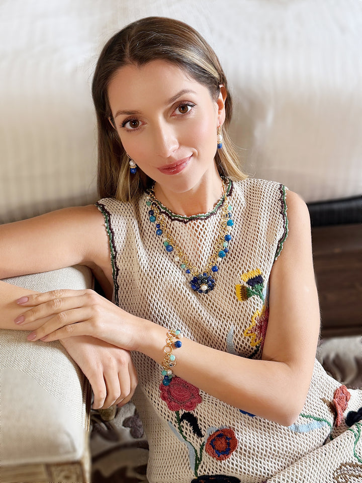 Removable Flower Lapis Brooch Pendant Statement Necklace RN028