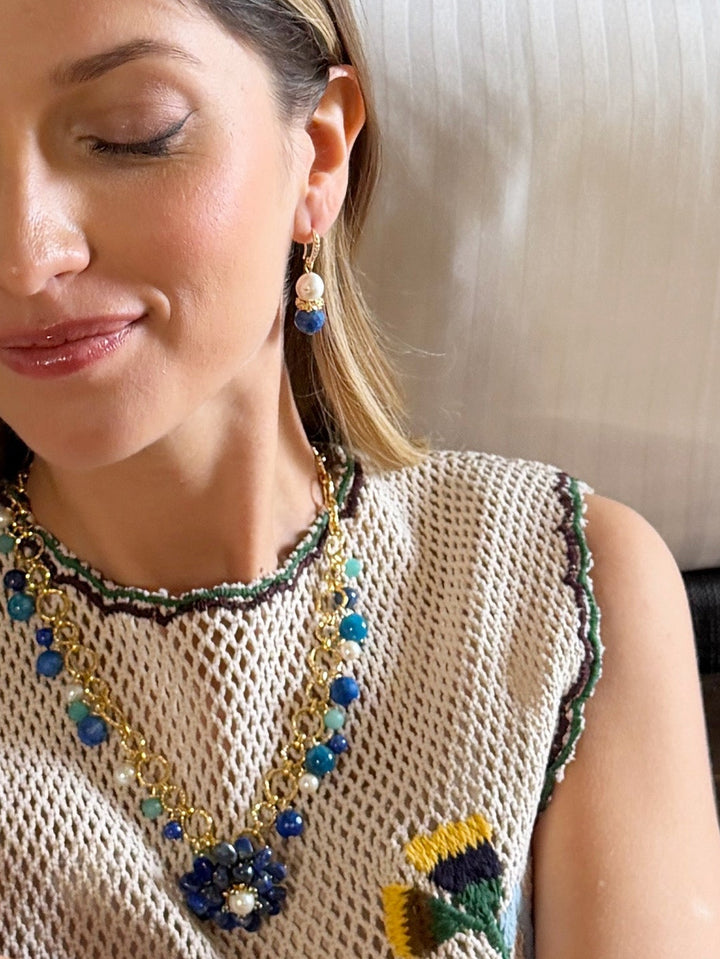 Royal Blue Lapis & Pearl Floral Dangle Earrings RE025