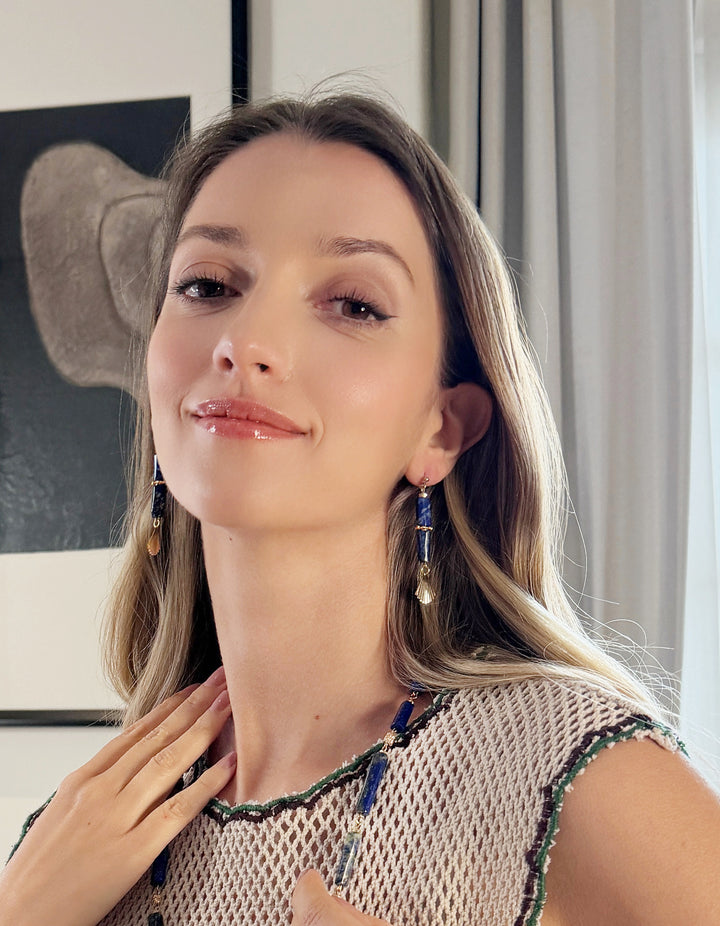 Lapis Lazuli & Gold Fan Linear Drop Earrings RE024