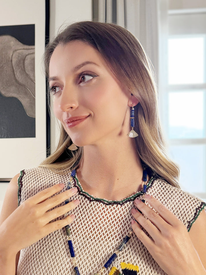 Lapis Lazuli & Gold Fan Linear Drop Earrings RE024