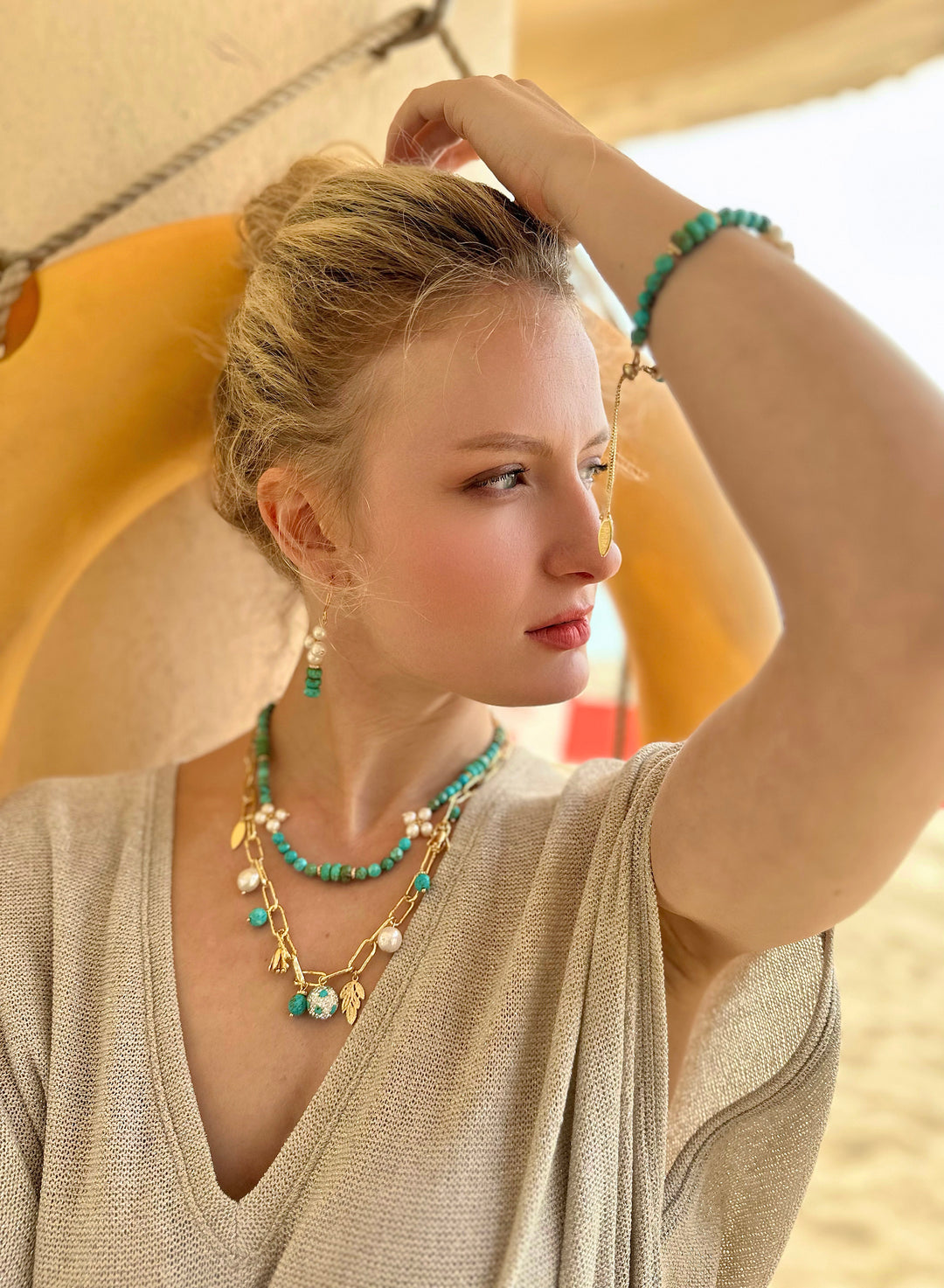 Gold Chain with Turquoise and Pearls Necklace JN053 - FARRA