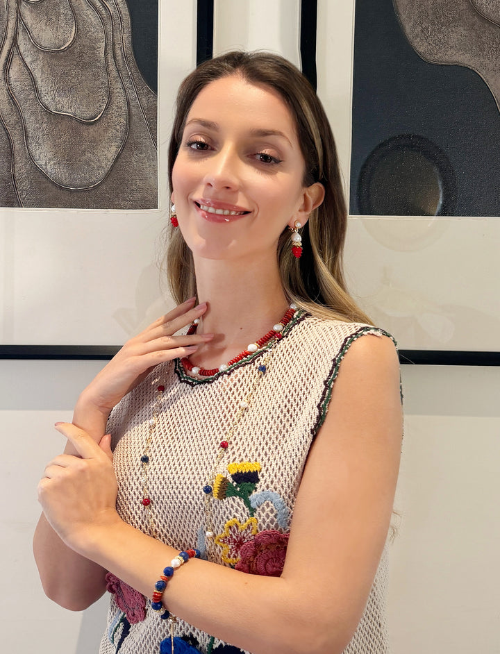 Red Bamboo Coral And Blue Lapis Long Station Necklace RN030