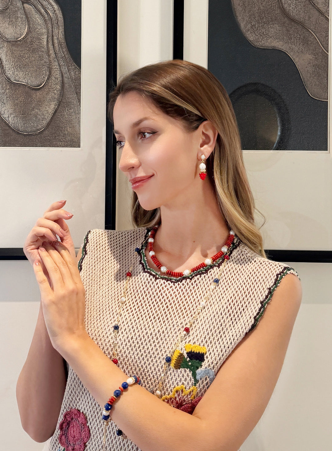 Red Bamboo Coral And Blue Lapis Long Station Necklace RN030