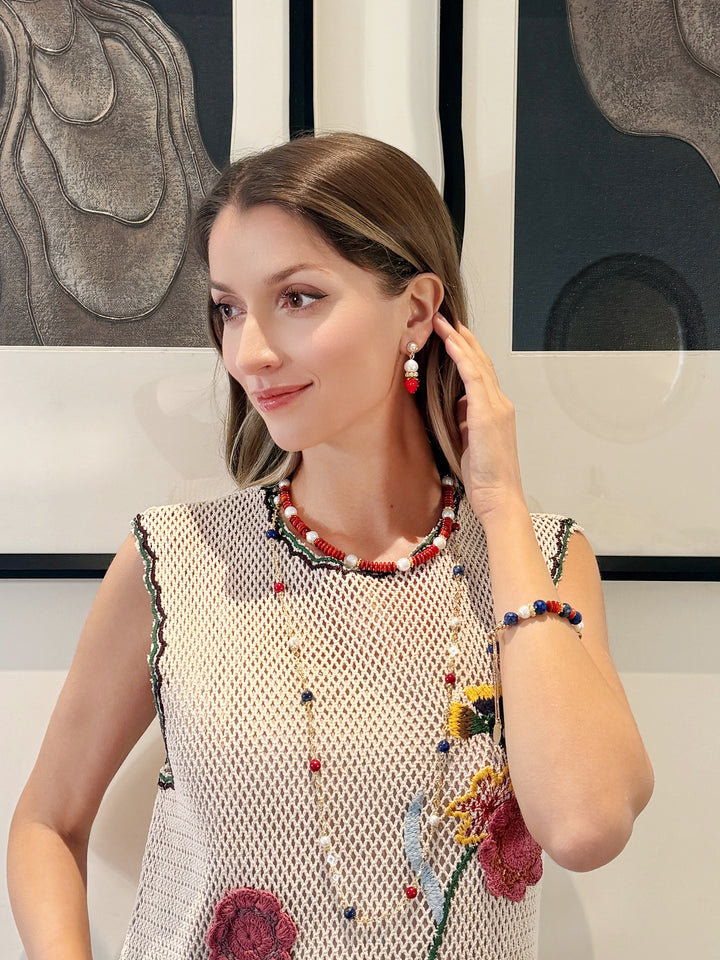 Red Bamboo Coral And Blue Lapis Long Station Necklace RN030