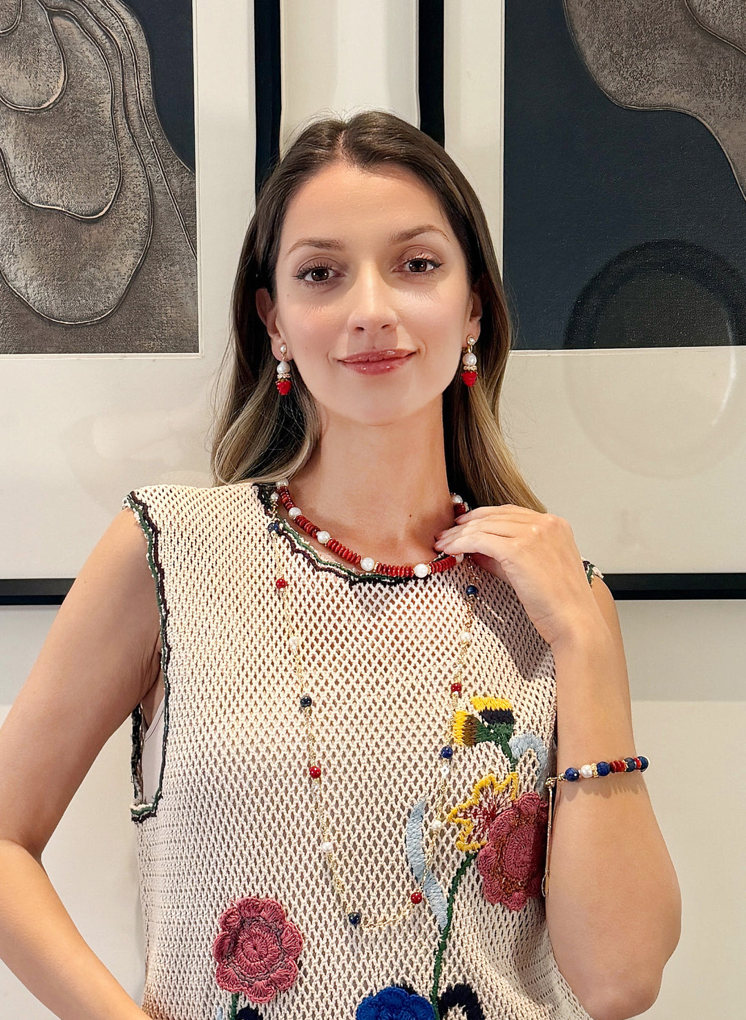 Red Bamboo Coral And Blue Lapis Long Station Necklace RN030