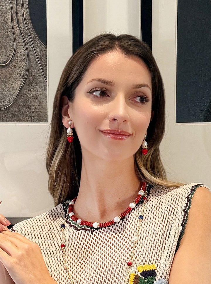 Red Bamboo Coral With Freshwater Pearls Necklace RN031