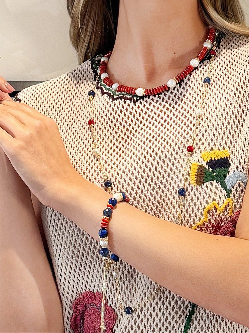 Lapis Red Bamboo Coral And Pearl Adjustable Slider Bracelet RB016