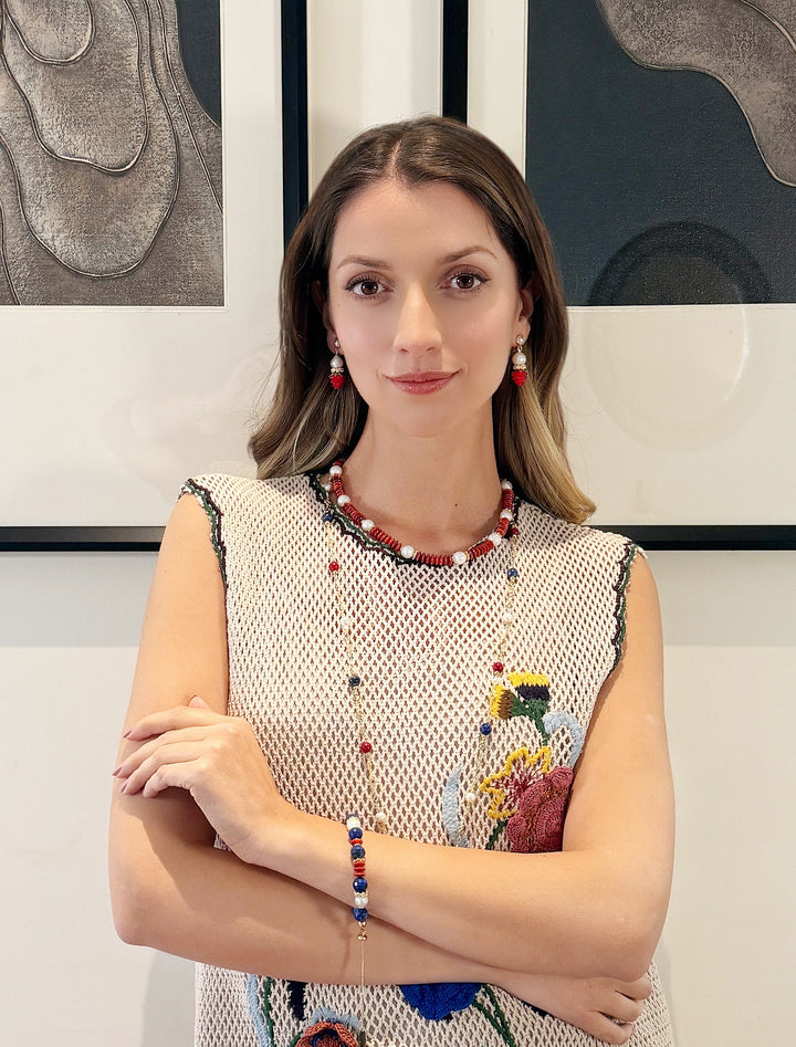 Lapis Red Bamboo Coral And Pearl Adjustable Slider Bracelet RB016