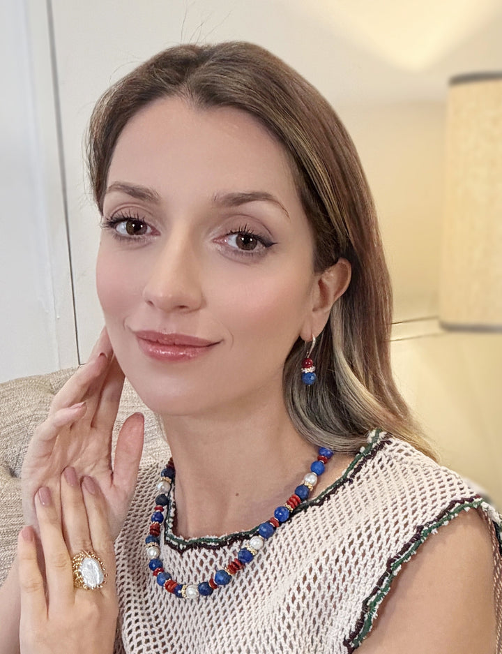 Lapis Lazuli & Red Bamboo Coral Drop Earrings RE023