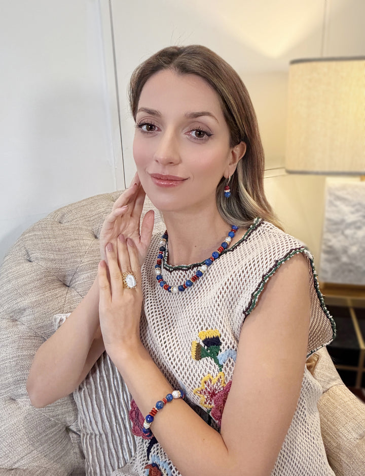 Blue Lapis Red Bamboo Coral And Pearls Color-mixed Necklace RN026