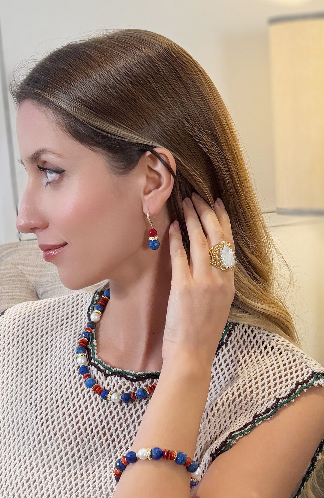 Lapis Lazuli & Red Bamboo Coral Drop Earrings RE023