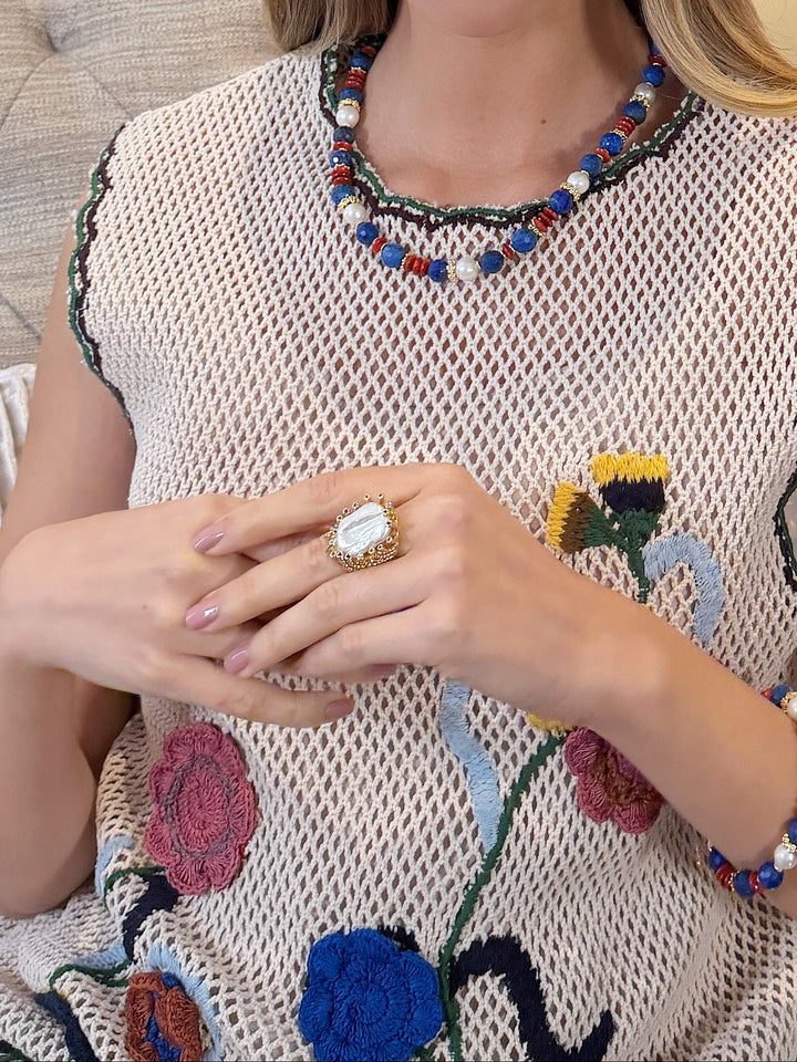 Flat Baroque Pearl With Colorful Zircon Cocktail Ring RP003