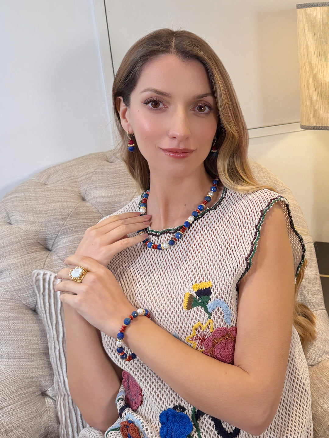 Blue Lapis Red Bamboo Coral And Pearls Color-mixed Necklace RN026