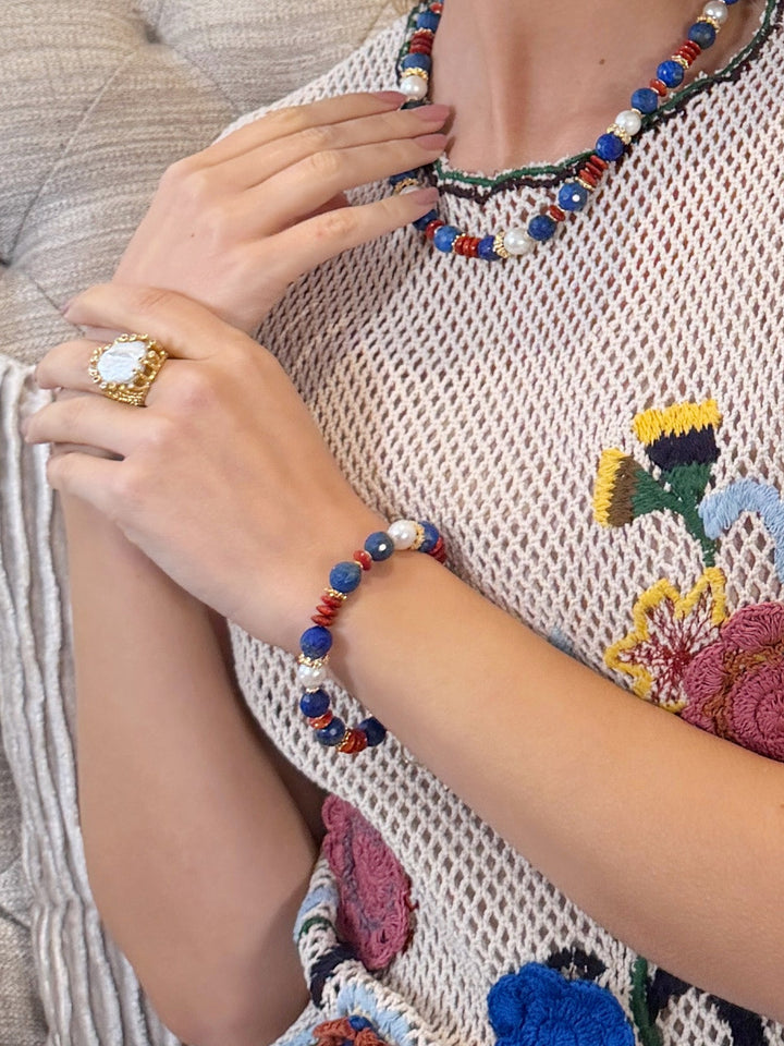 Lapis Red Bamboo Coral And Pearl Adjustable Slider Bracelet RB016