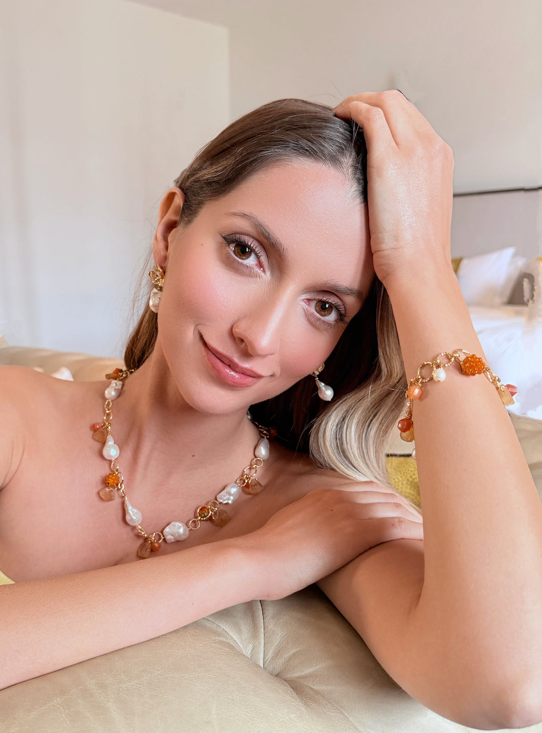 Spring Garden Baroque Pearl Necklace with Orange Raspberry & Citrine RN010