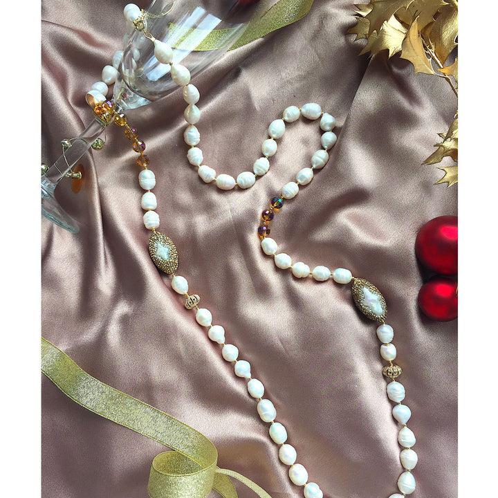 Freshwater Pearl With Golden Rhinestones And Crystal Long Necklace PGN033