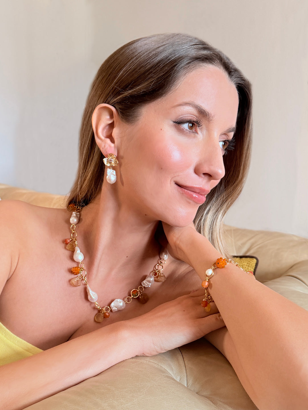 Spring Garden Baroque Pearl Necklace with Orange Raspberry & Citrine RN010