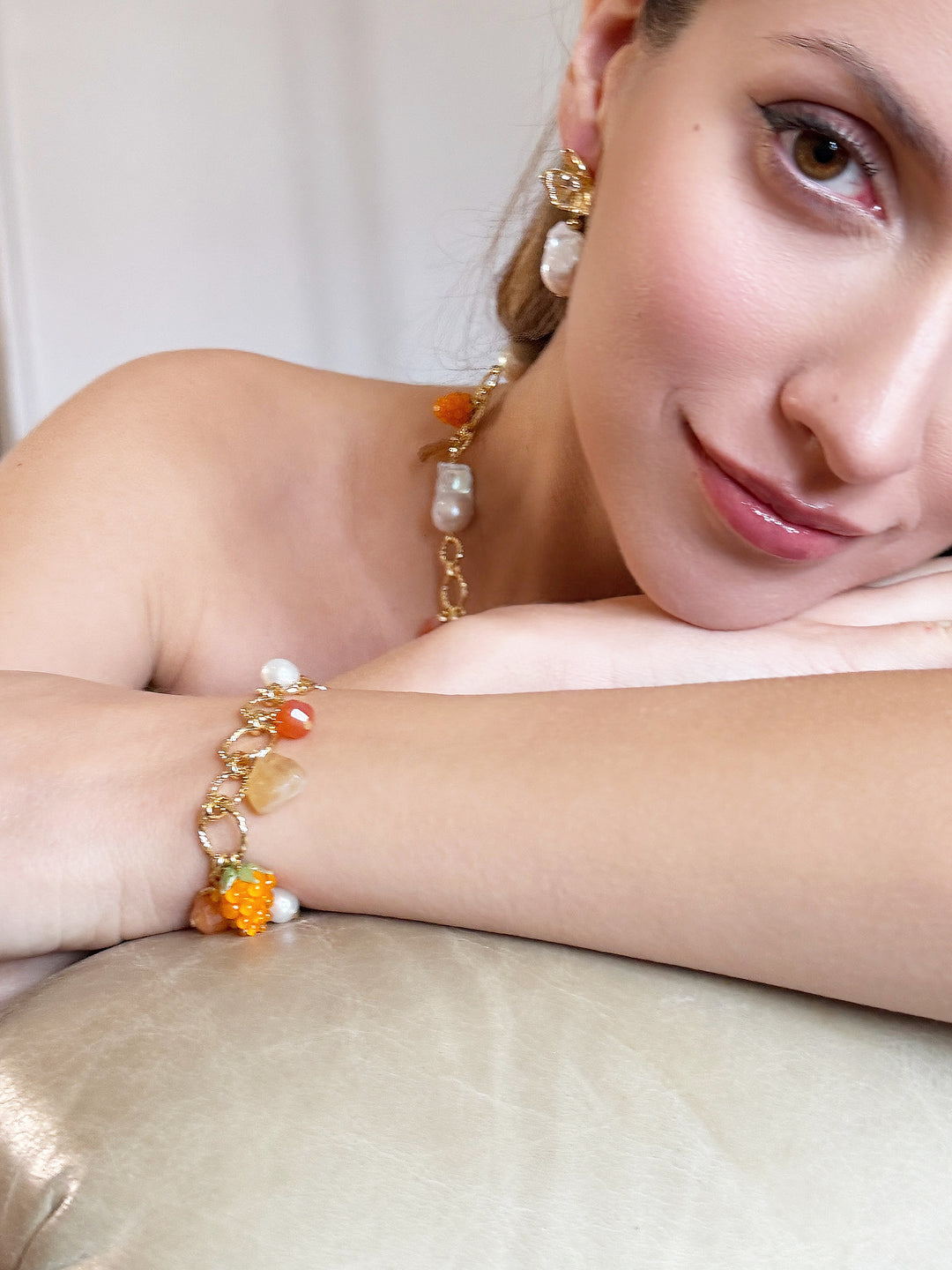 Spring Garden Raspberry and Citrine Pearl Chain Bracelet RB006