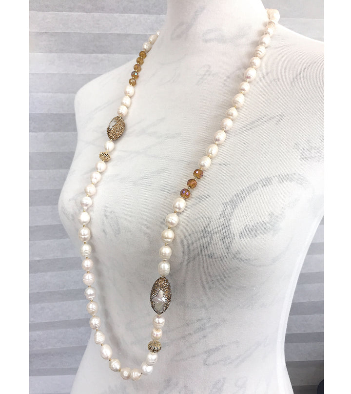 Freshwater Pearl With Golden Rhinestones And Crystal Long Necklace PGN033